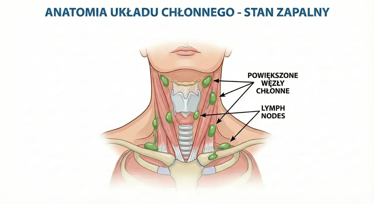 Anatomia układu chłonnego - stan zapalny. Widoczne powiększone węzły chłonne na szyi.