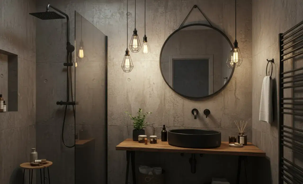 Nowoczesna łazienka industrialna aranżacje: beton, drewno, czarna armatura i wiszące lampy tworzą surowy, ale przytulny klimat.