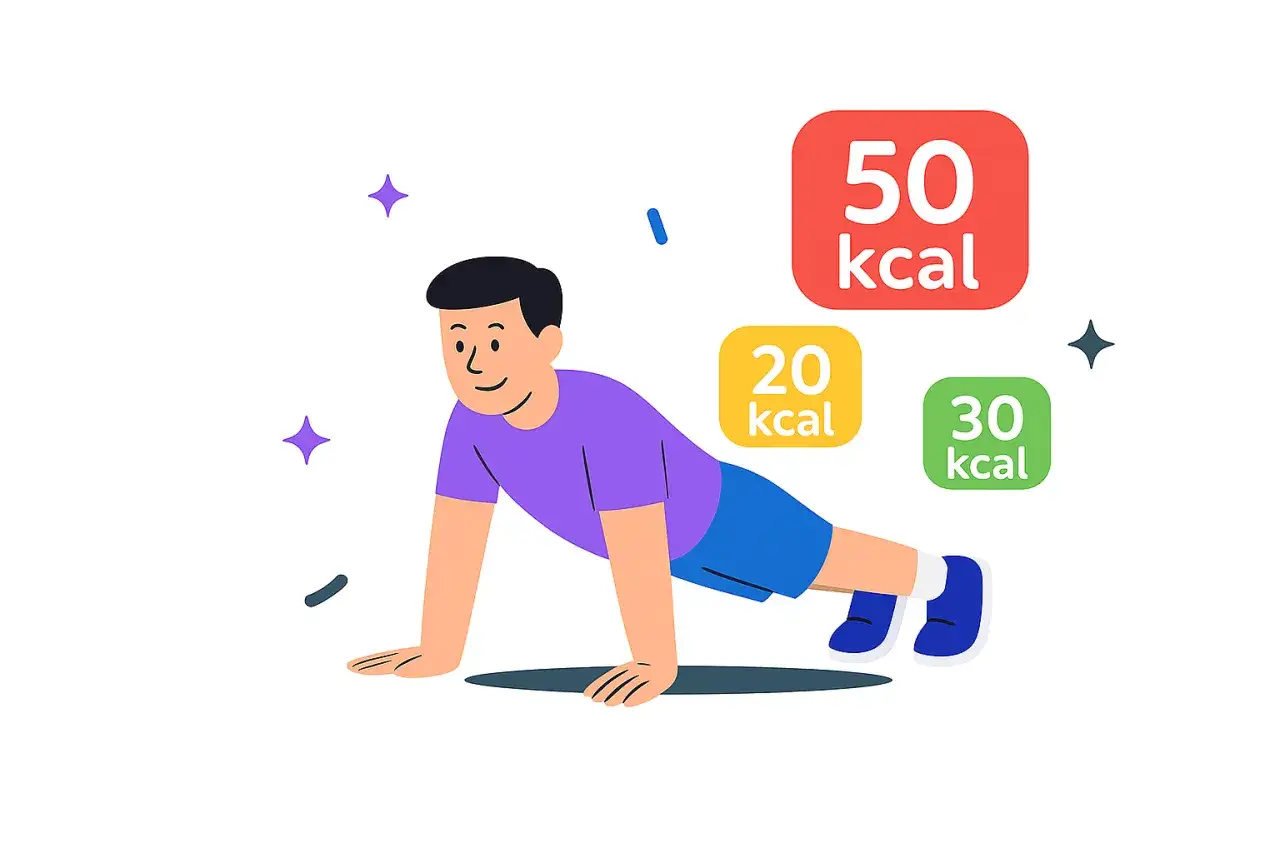 Uśmiechnięty mężczyzna robi pompki. Obok niego pojawiają się kolorowe etykiety z liczbą spalonych kalorii: 50, 20 i 30 kcal. Ile kcal spalisz, robiąc 10 pompek?