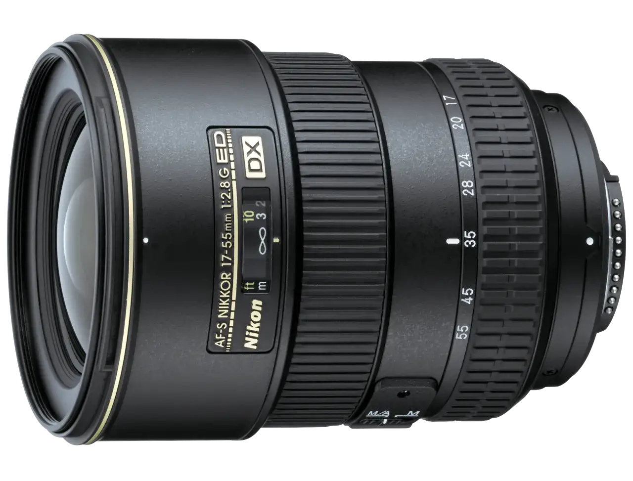 Obiektyw Nikon AF-S DX NIKKOR 17-55mm f/2.8G ED z pierścieniem zoomu i oznaczeniami.