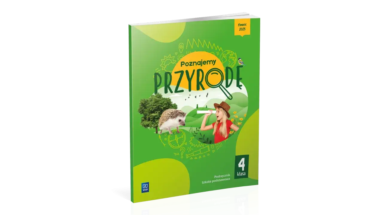 Okładka podręcznika "Poznajemy przyrodę" dla 4 klasy szkoły podstawowej z jeżem i dziewczynką z lornetką.