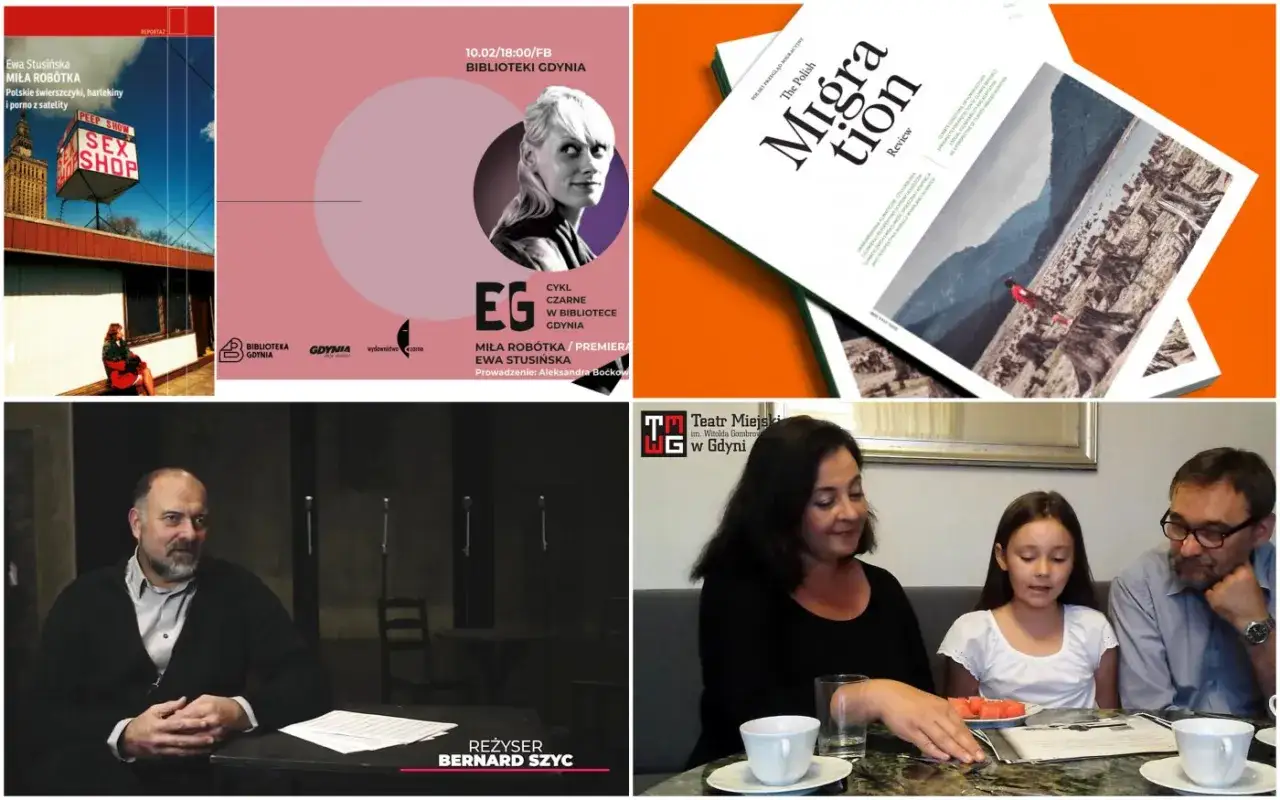 Cztery obrazy: plakat filmowy, okładka magazynu, mężczyzna przy stole, rodzina.