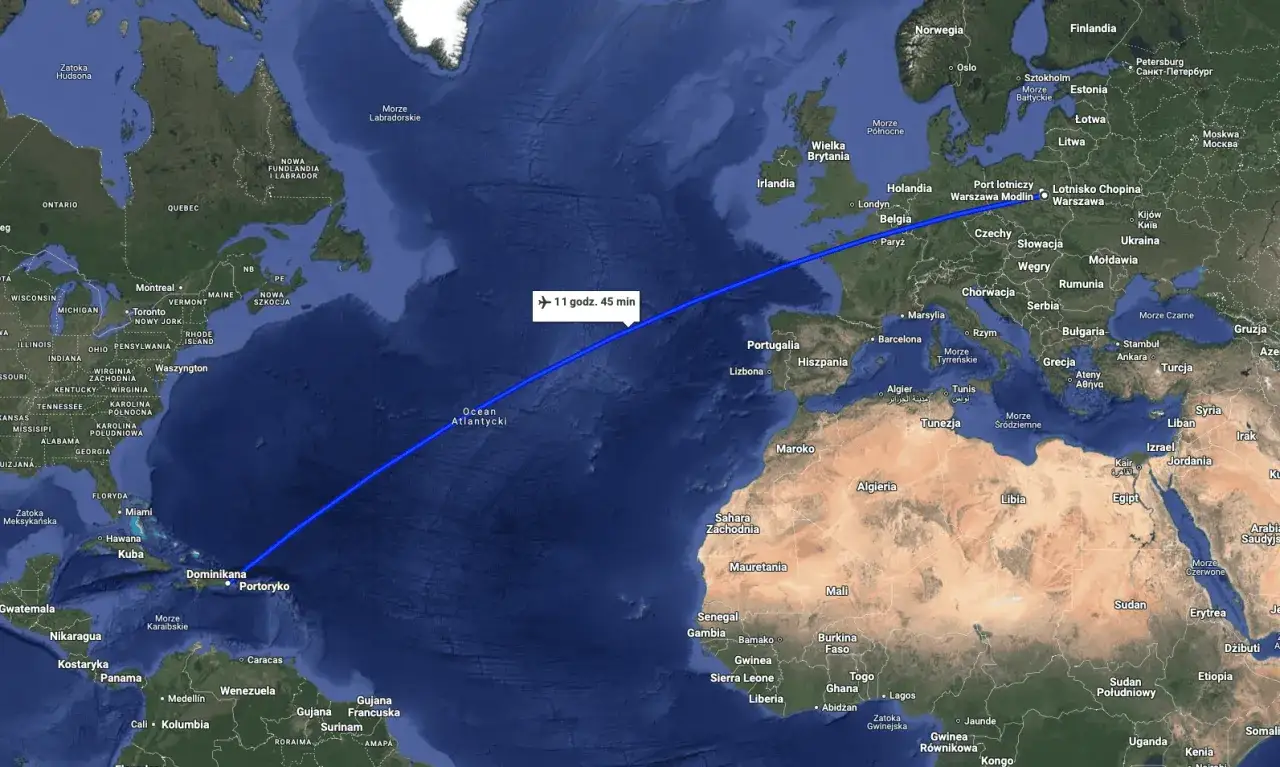Trasa lotu z Warszawy na Dominikanę trwa 11 godzin i 45 minut.