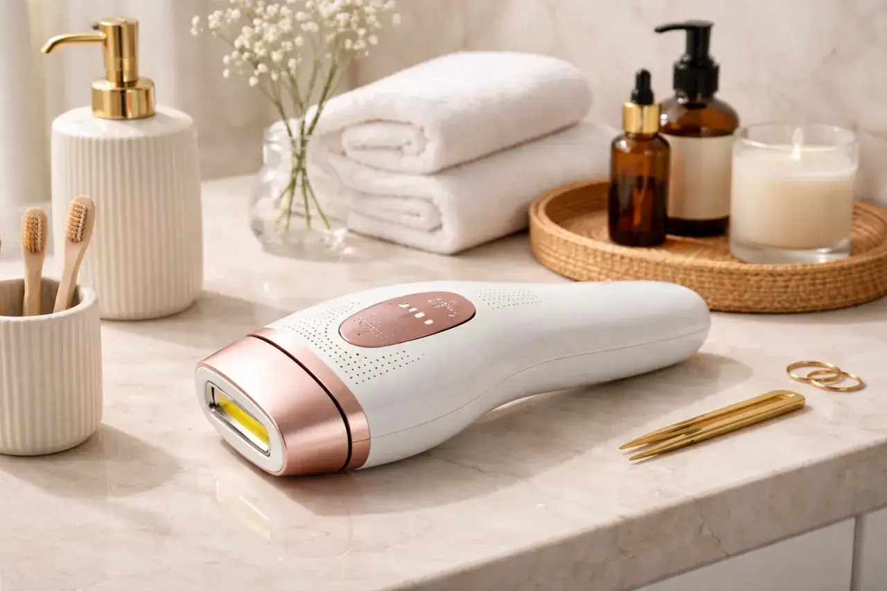 Elegancki laser do depilacji w domu, obok kosmetyków i akcesoriów łazienkowych, zapewnia gładką skórę.