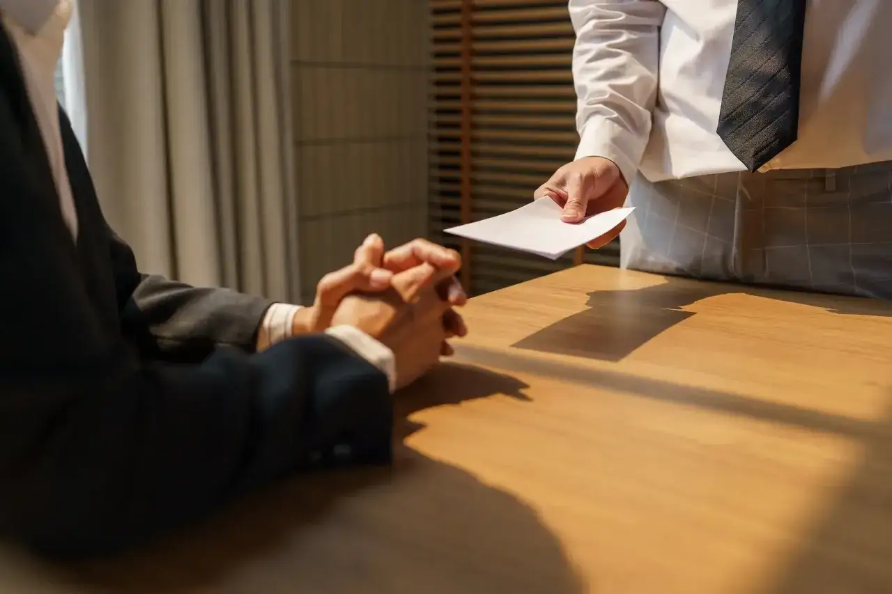 Pracownik wręcza dokument szefowi, sygnalizując rezygnację ze stanowiska kierowniczego.