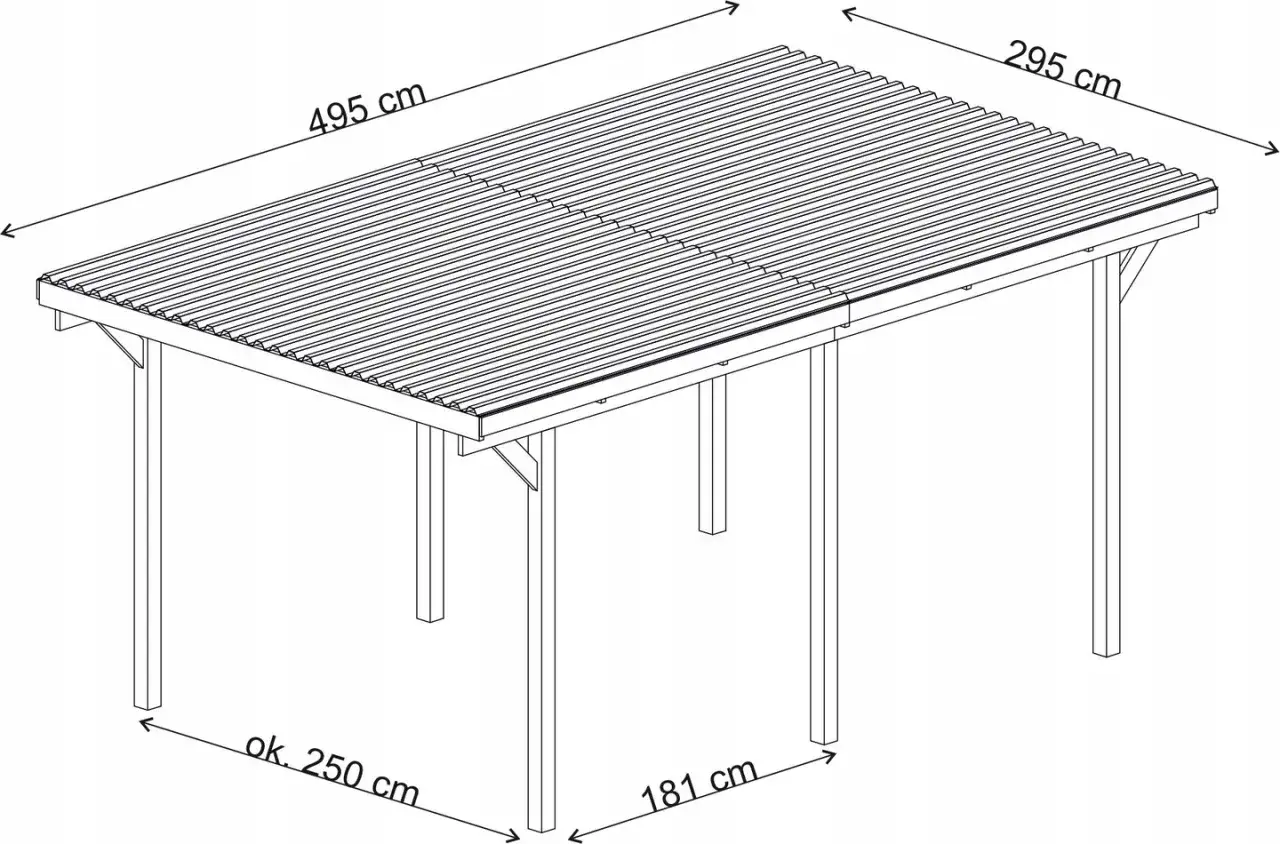 Wymiary wiaty na dwa samochody: 495 cm długości, 295 cm szerokości, ok. 250 cm wysokości.