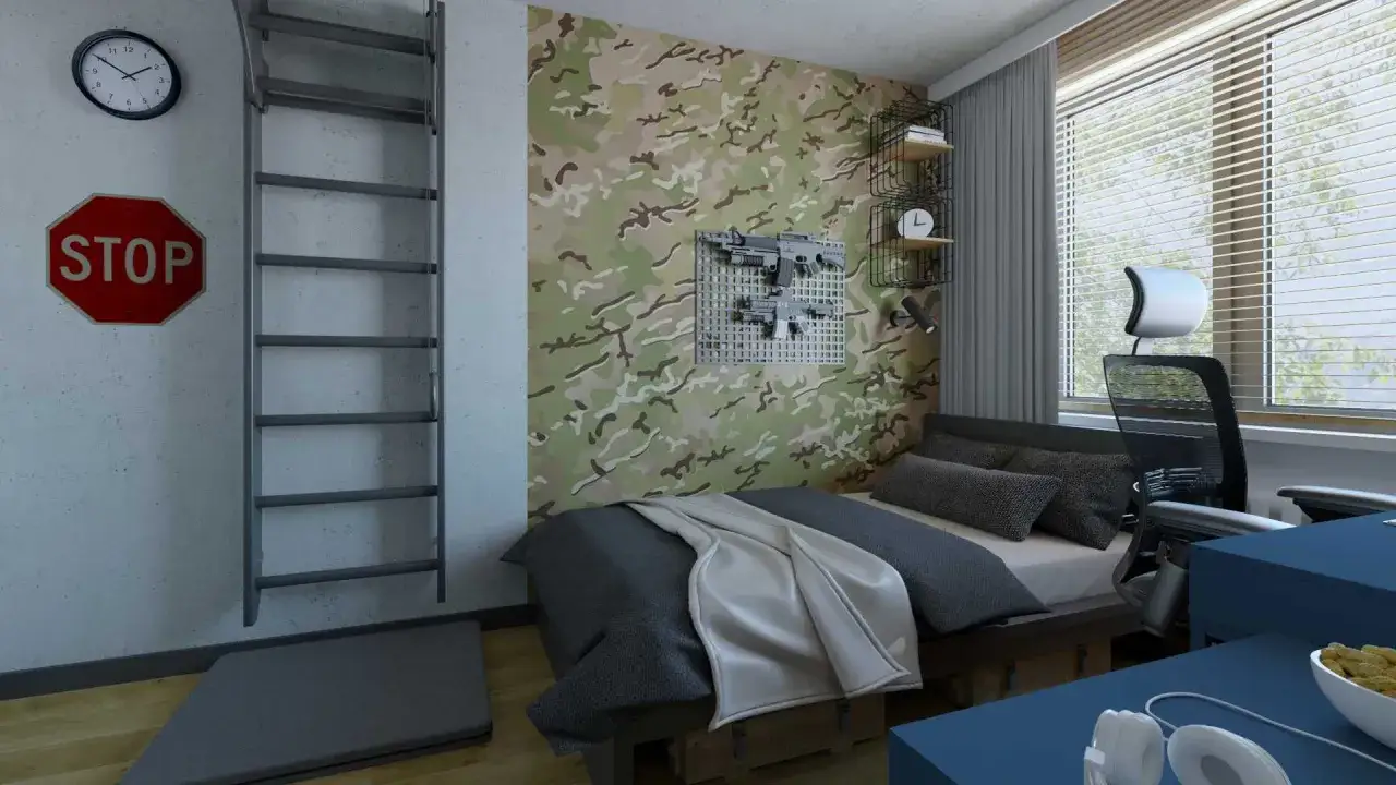 Pokój młodzieżowy z tapetą moro, łóżkiem, biurkiem i dekoracjami w stylu militarnym.