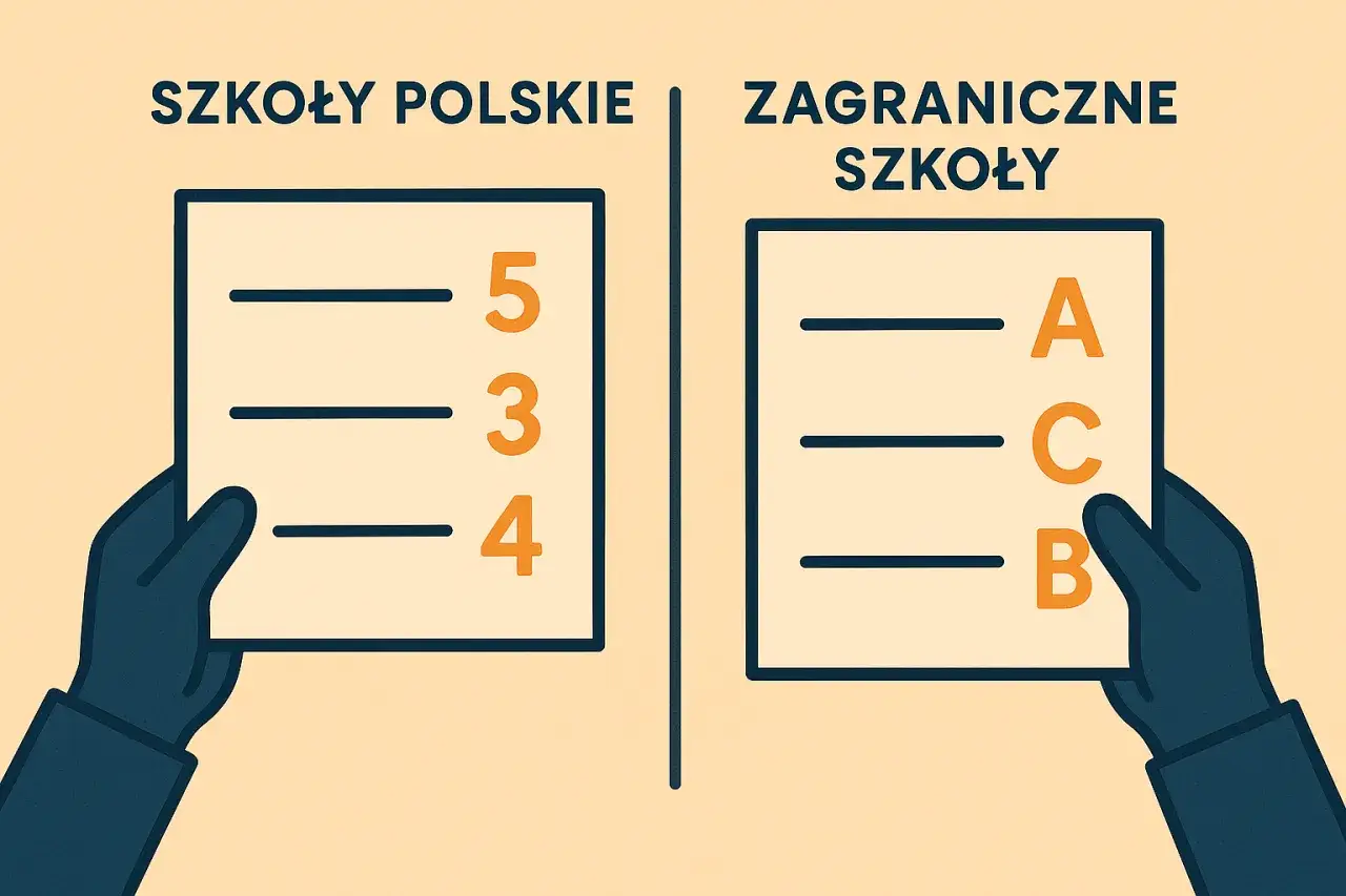 Dwie ręce trzymają kartki z ocenami: polskie (5, 3, 4) i zagraniczne (A, C, B).