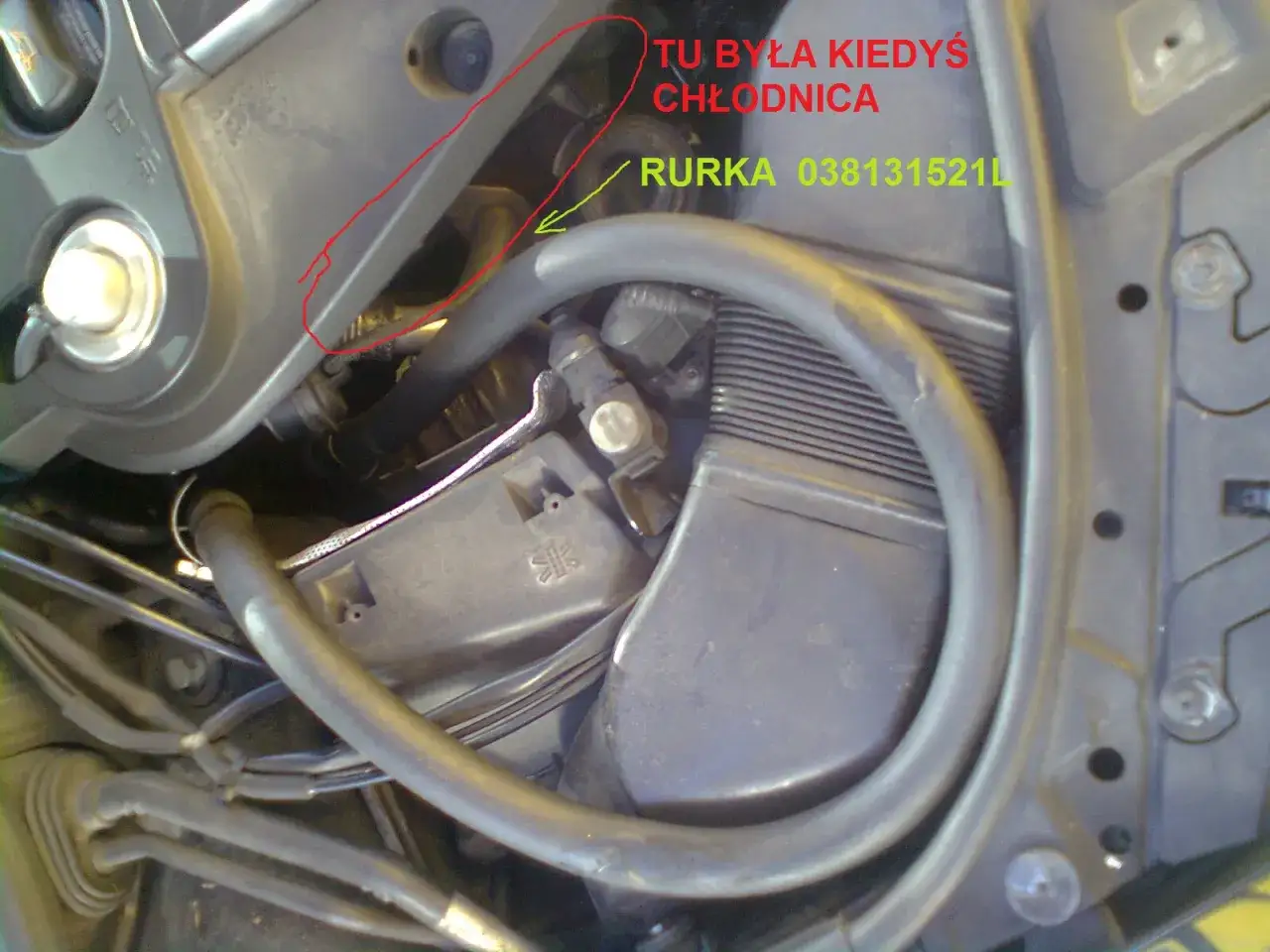 Silnik Passata B5. Rurka 038131521L, tu była kiedyś chłodnica. Korek spustowy chłodnicy jest w innym miejscu.