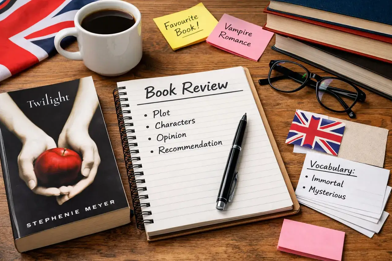 Kawa, książka "Zmierzch", notatnik "Book Review" i karteczki z napisem "Vampire Romance". Idealne miejsce na krótkie opowiadanie po angielsku.