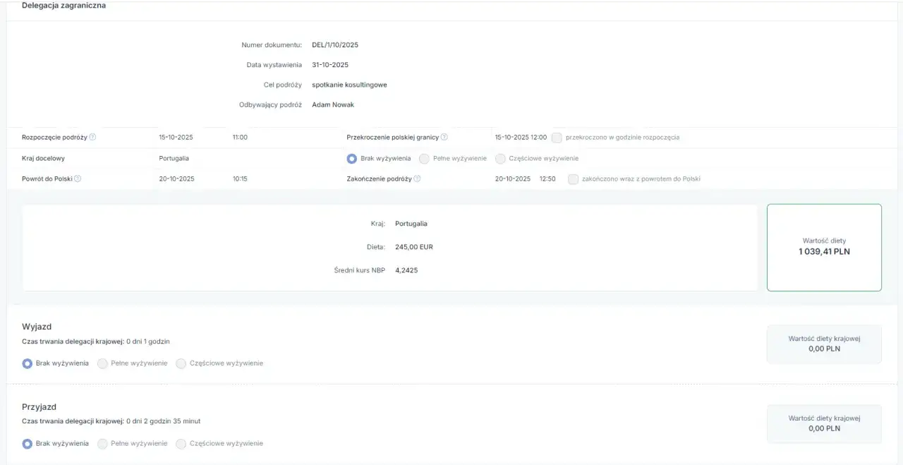 Delegacja do Portugalii, dieta 245 EUR. Wartość diety 1039,41 PLN.