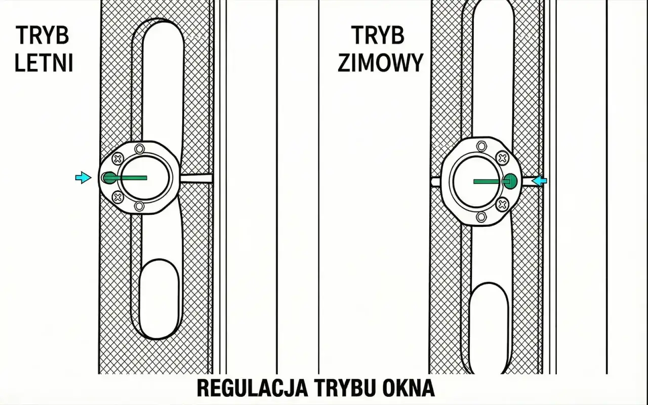 Ilustracja pokazuje, jak regulować okna plastikowe. Po lewej "tryb letni", po prawej "tryb zimowy".