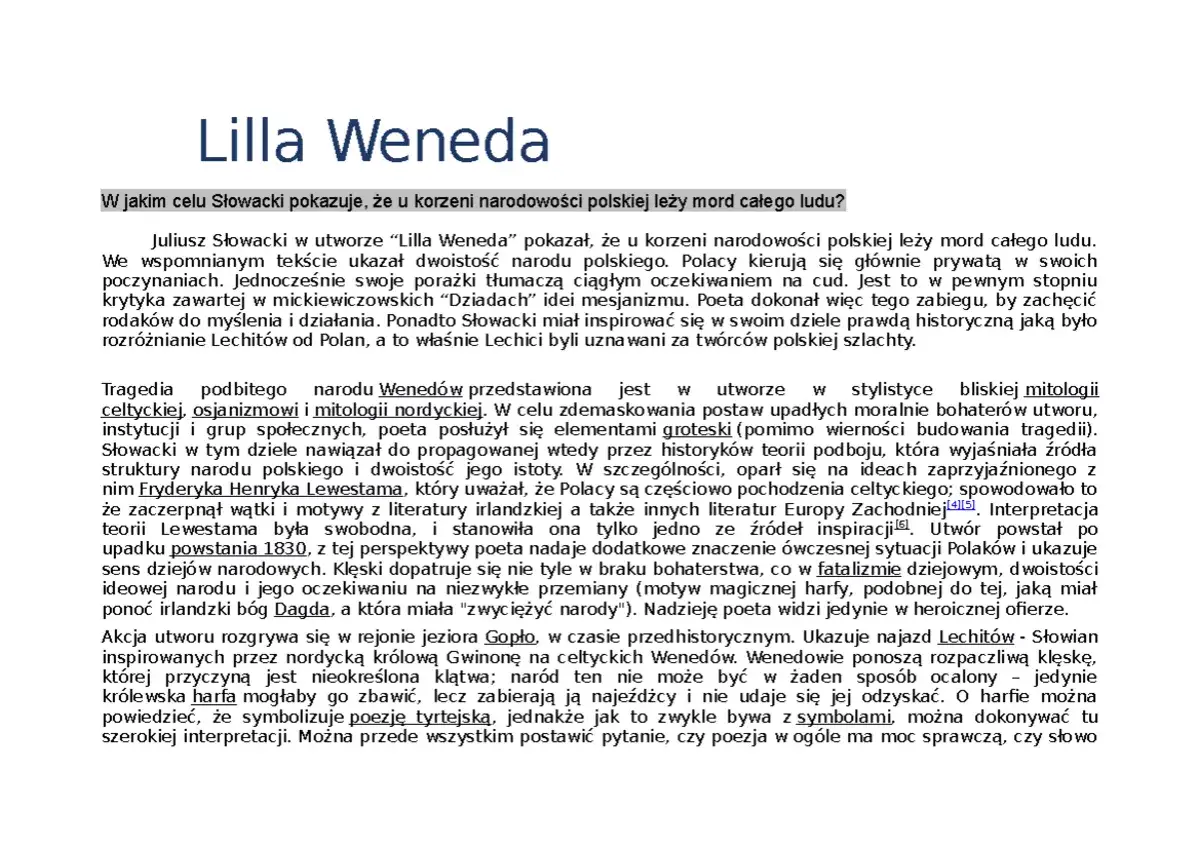 Lilla Weneda - streszczenie, postacie i symbolika dramatu