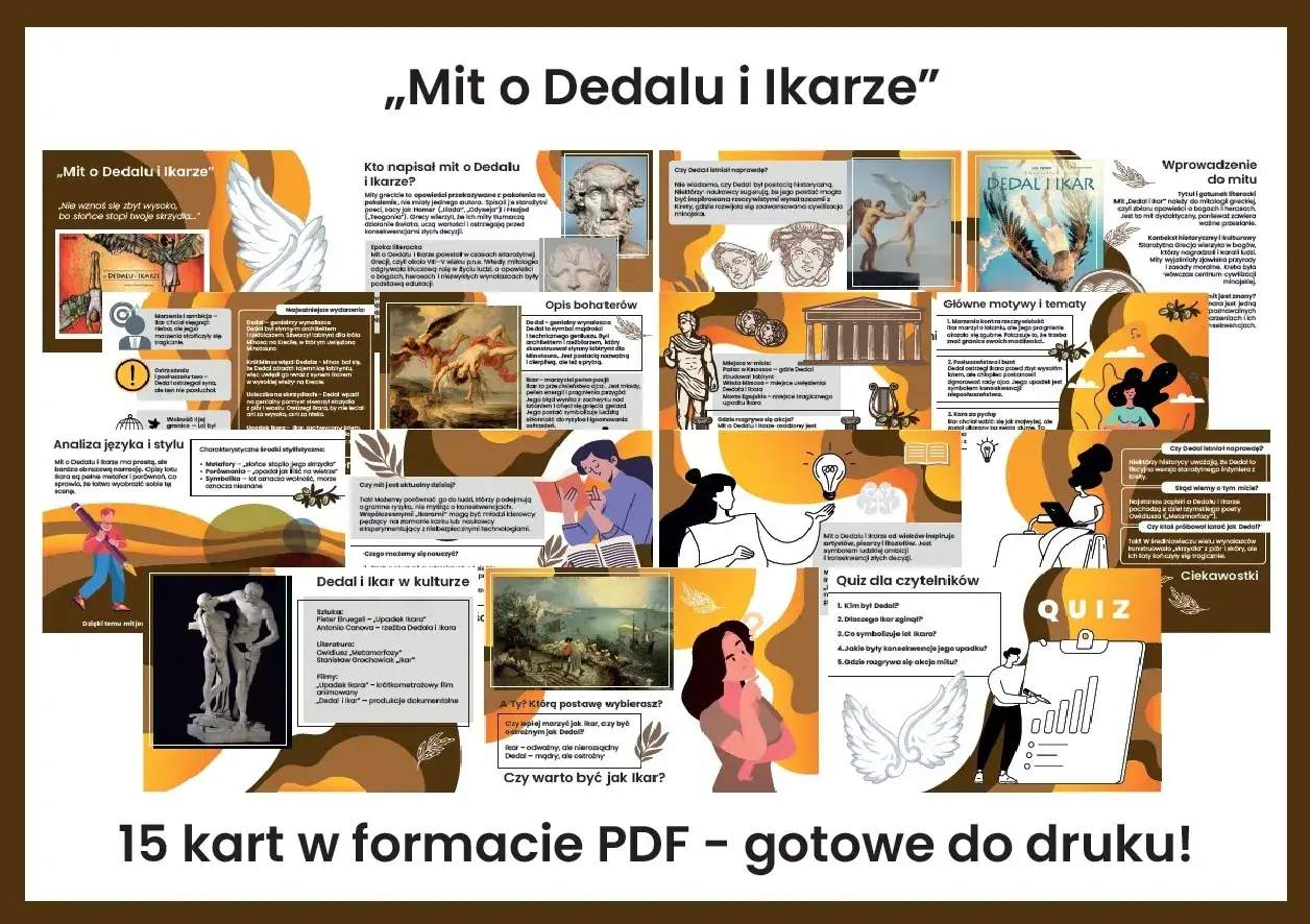 Grafika przedstawia materiał edukacyjny "Mit o Dedalu i Ikare", zawierający tekst, ilustracje i quiz.