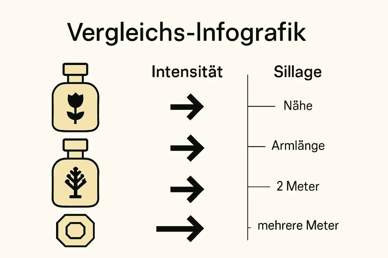 Infografik mit Parfumflaschen, Pfeilen für Intensität und Skala für Sillage (Nähe, Armlänge, 2 Meter, mehrere Meter).