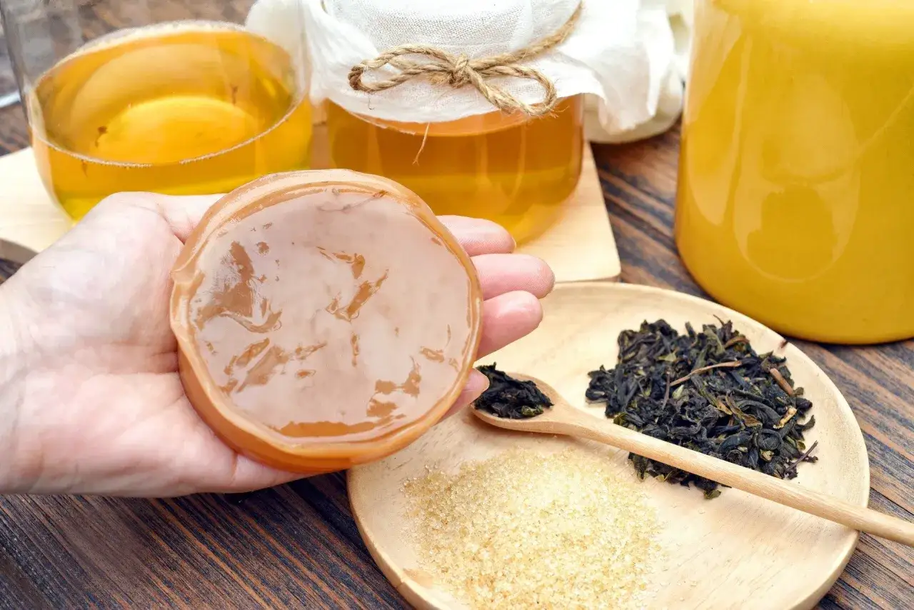 Dłoń trzymająca grzyb kombuchy, obok naczynia z napojem, liście herbaty i cukier.