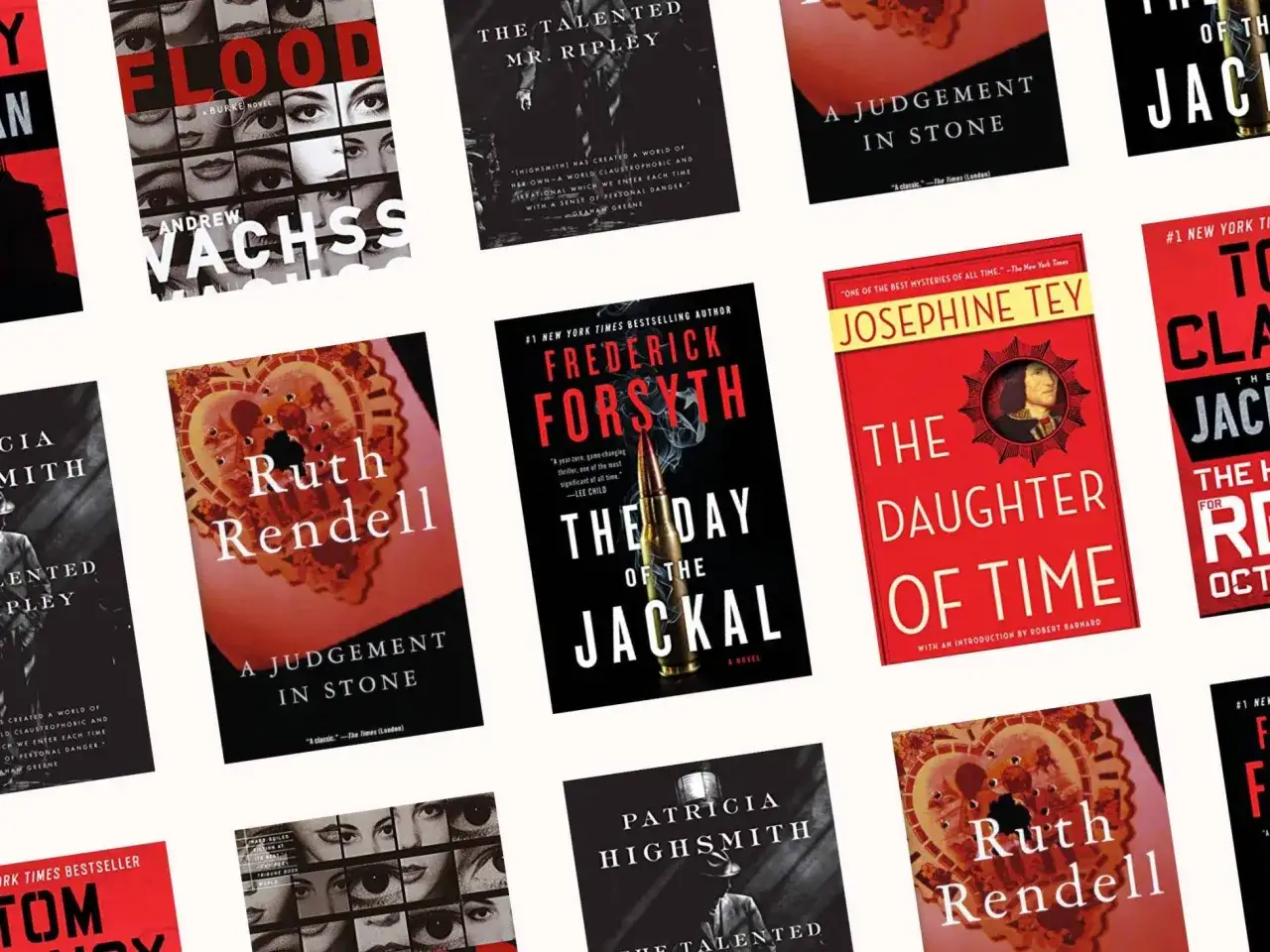 Collage aus Buchcovern von Thriller-Autoren wie Ruth Rendell, Frederick Forsyth und Patricia Highsmith.
