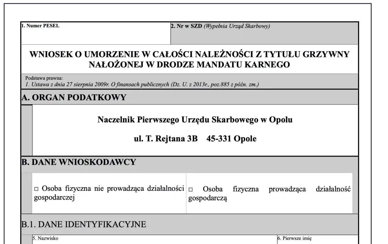 Wniosek o umorzenie należności z tytułu grzywny nałożonej w drodze mandatu karnego. Dane wnioskodawcy i organu podatkowego.