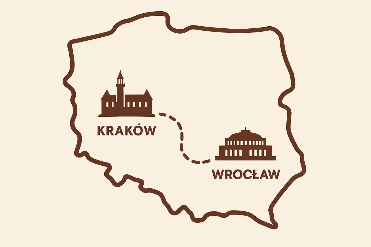 Mapa Polski z zaznaczonymi zabytkami Krakowa i Wrocławia. Linia przerywana pokazuje wrocław kraków odległość.