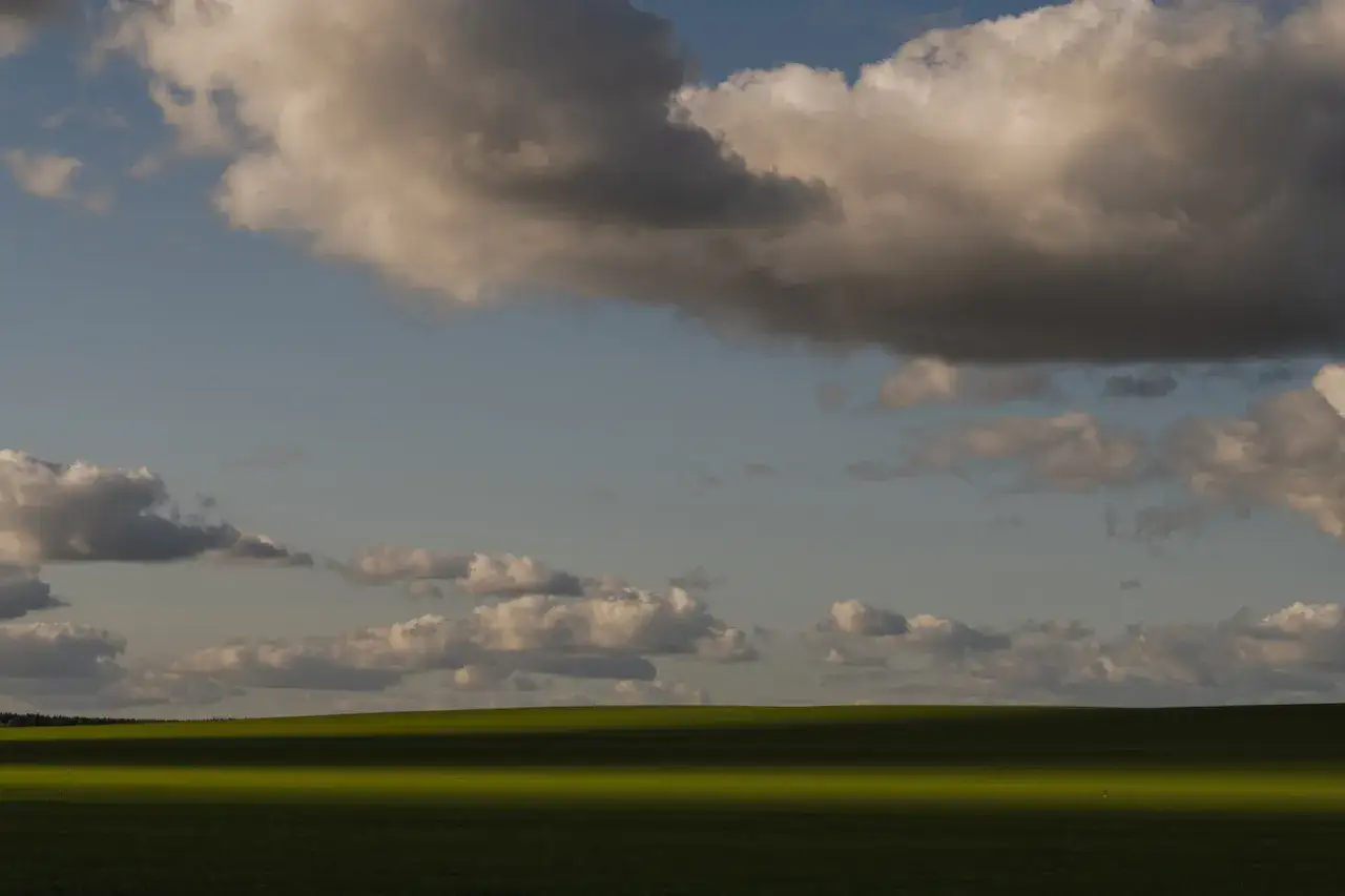 Zachód słońca nad zielonym polem, rzucającym długi cień. Chmury na niebie tworzą ciekawe fotografie.