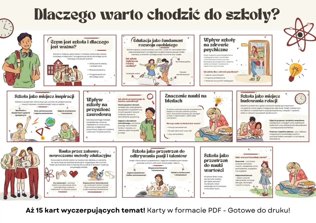 Ilustracja do gazetki szkolnej: szkoła jako miejsce rozwoju, inspiracji i budowania relacji. Daje pomysł na gazetkę szkolną.