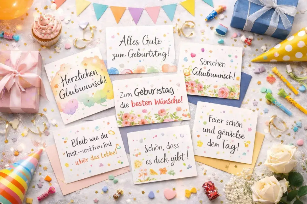 Geburtstagskarten mit Sprüchen, Geschenken, Cupcakes und Konfetti.