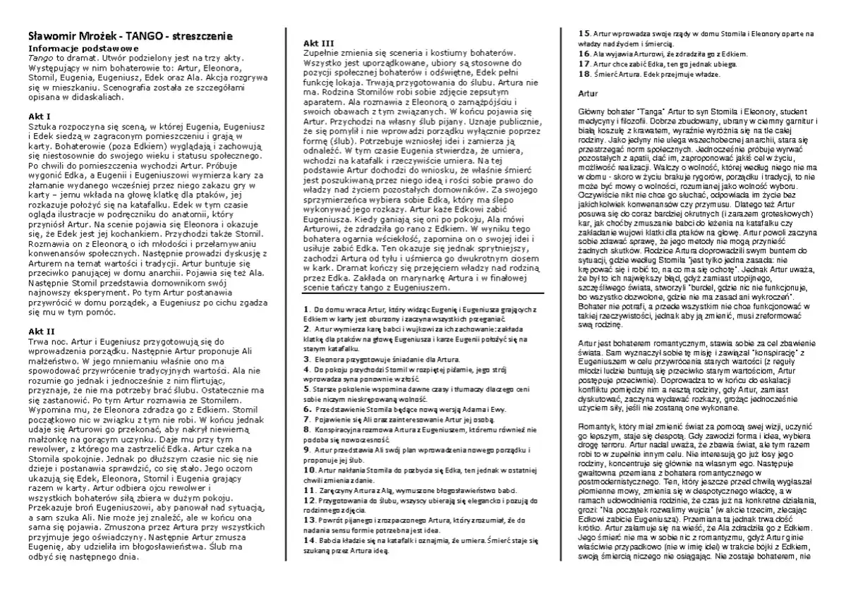 Szczegółowe streszczenie dramatu "Tango" - Artur, Eleonora, Stomil, Eugenia, Edyta, Alak.