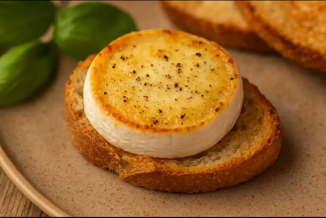 Zapieczony krążek koziego sera z pieprzem na grzance, obok liście bazylii.