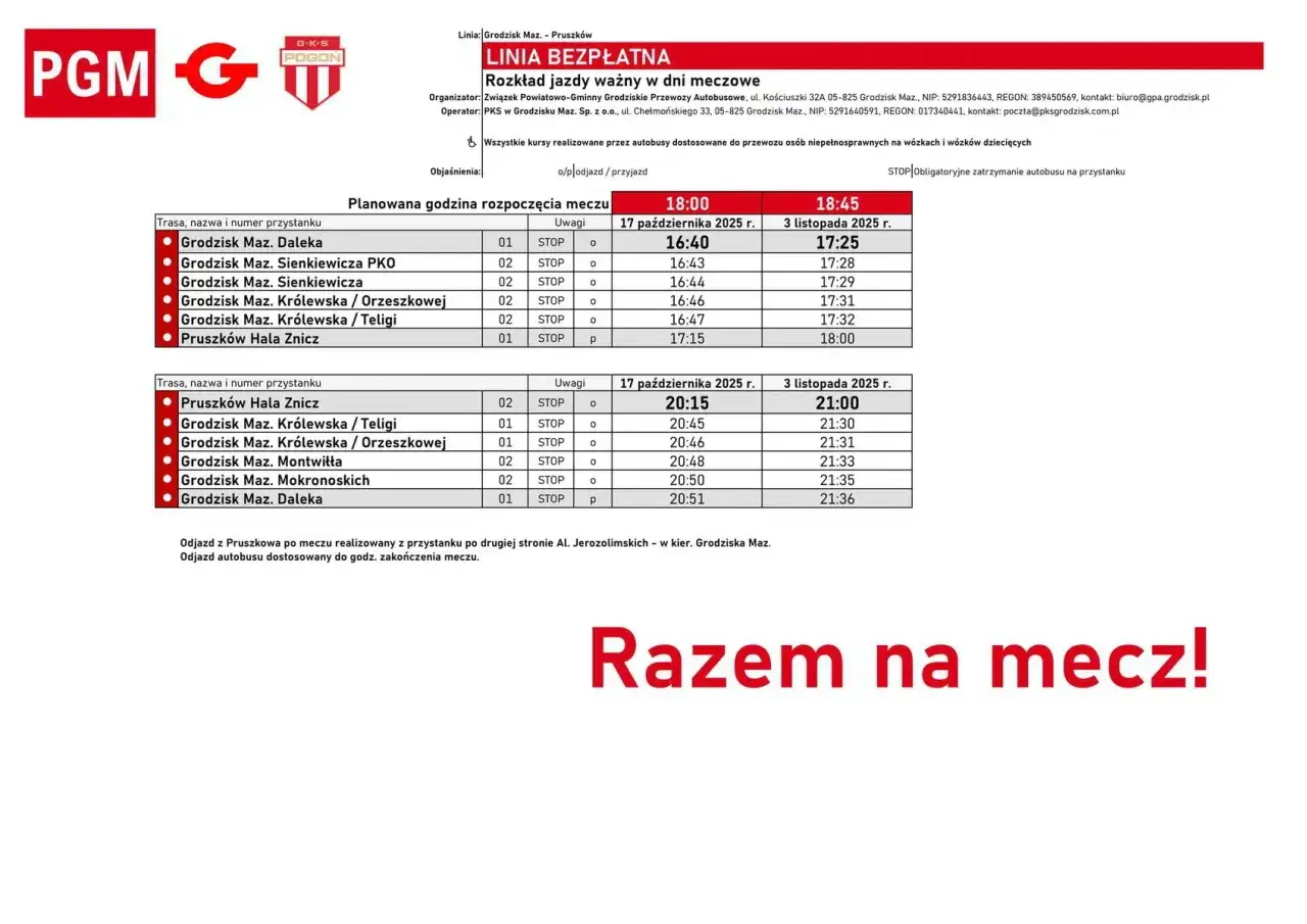Grodzisk Mazowiecki rozkład jazdy autobusów na mecze. Tabela pokazuje godziny odjazdów z różnych przystanków.