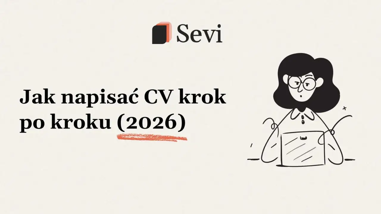 Ilustracja z napisem "Jak napisać CV krok po kroku (2026)" i postacią kobiety przy laptopie.