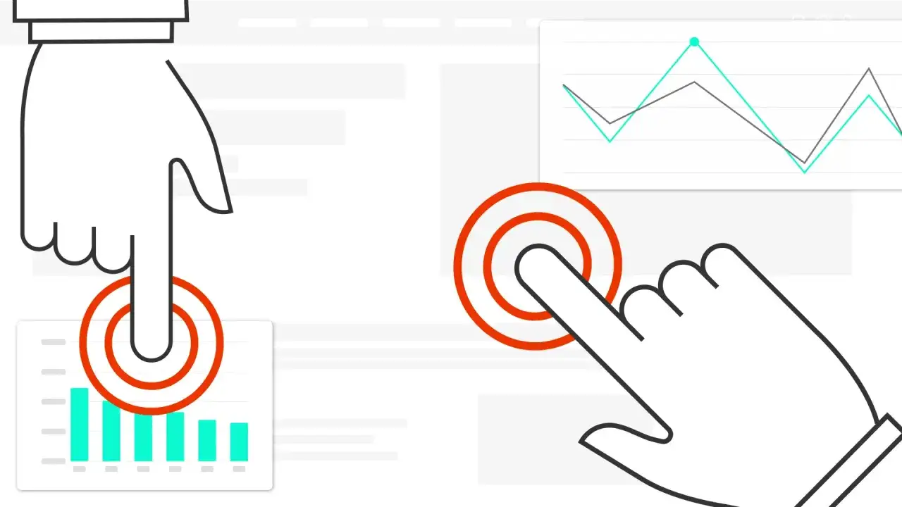 Dwie dłonie wskazują na wykresy, symbolizując analizę danych i skracanie linków z własną nazwą dla lepszej organizacji.
