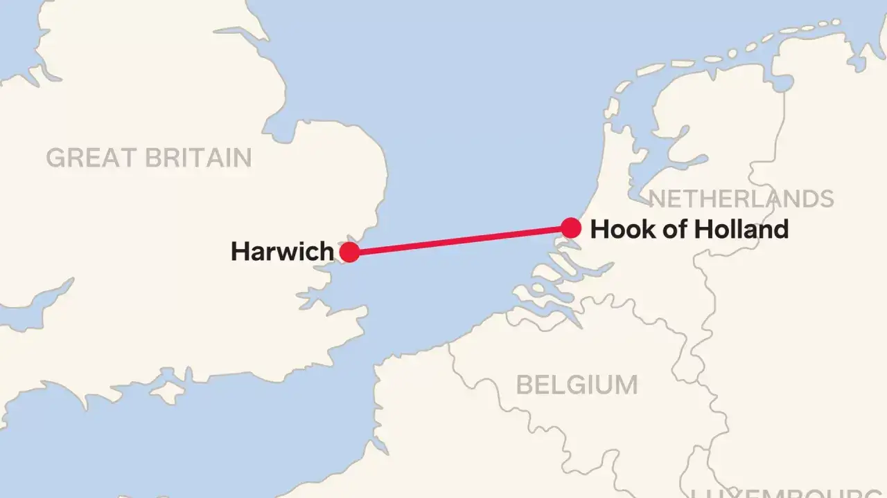 Mapa pokazuje trasę promową z Harwich w Wielkiej Brytanii do Hook of Holland w Holandii.