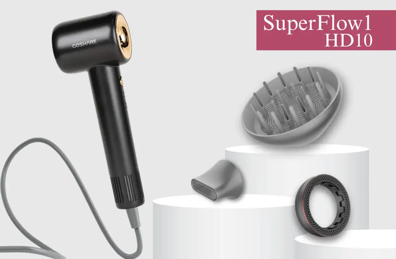 Czarna suszarka COSHARE z technologią jonizacji, dyfuzorem i koncentratorem. SuperFlow1 HD10.