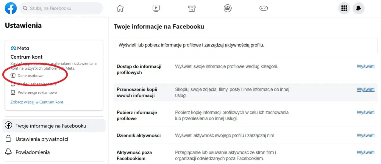 Ustawienia Facebooka: Centrum kont, Dane osobowe. Tu dowiesz się, jak zmienić nazwisko na Facebooku.
