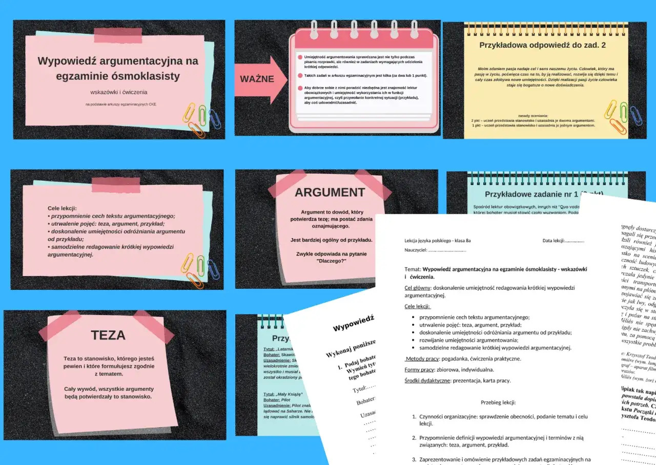 Grafika przedstawia materiały edukacyjne dotyczące wypowiedzi argumentacyjnej na egzaminie ósmoklasisty.