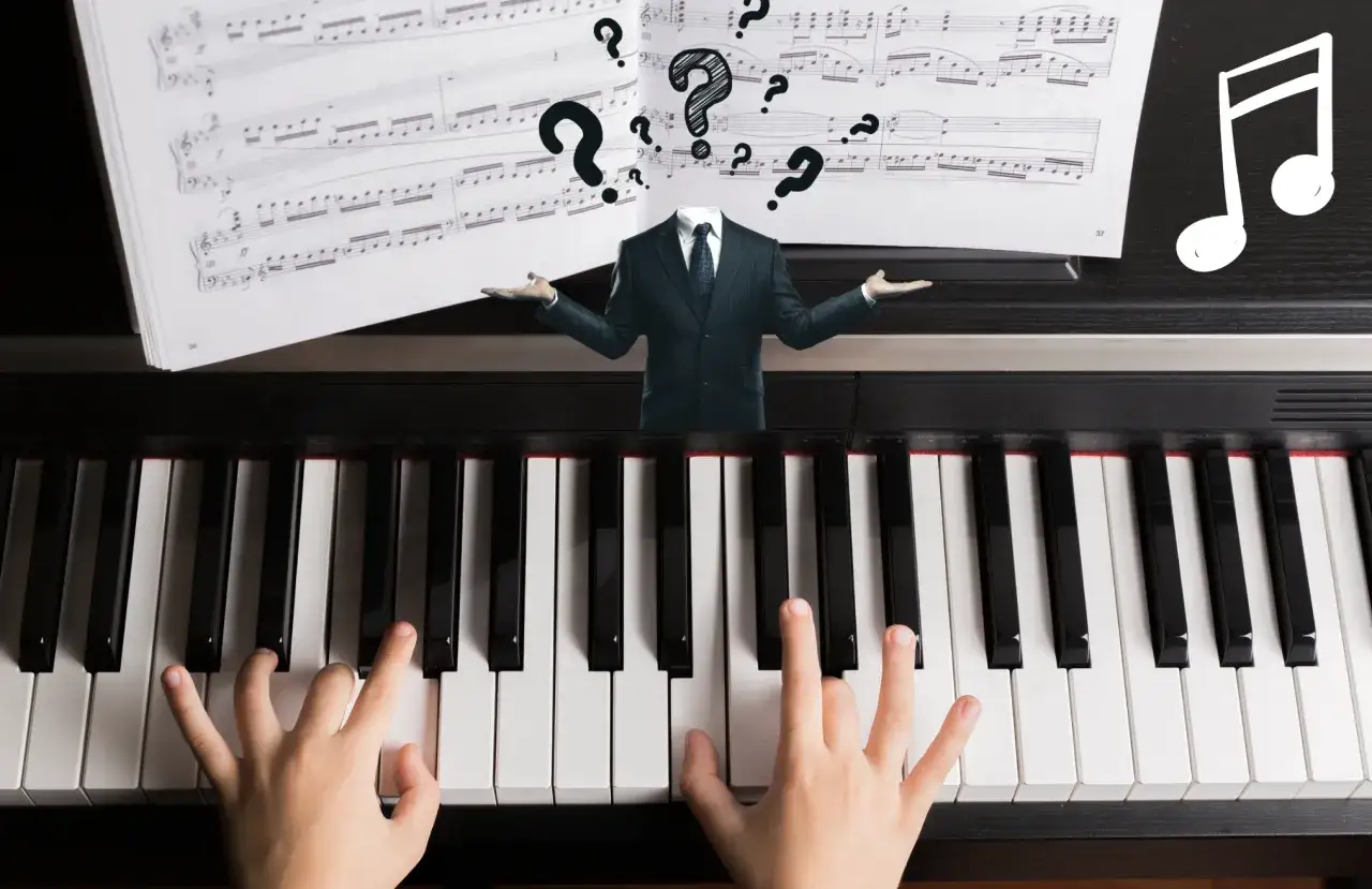 Dziecko gra na pianinie, a nad klawiaturą unosi się garnitur z pytajnikami. Zastanawia się, jak się pisze nuty.