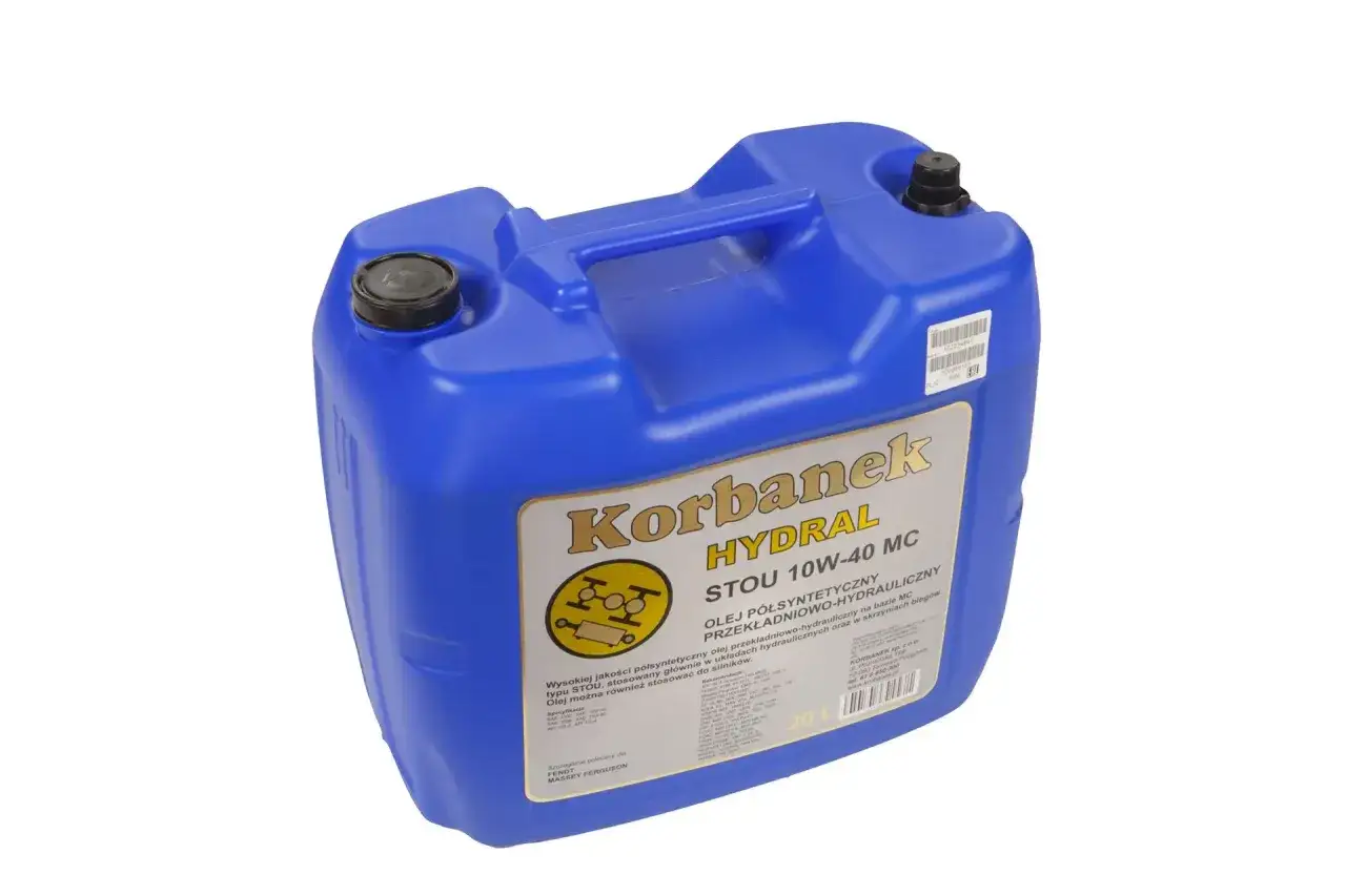 Niebieski kanister z olejem hydraulicznym Korbanek Hydral STOU 10W-40 MC.
