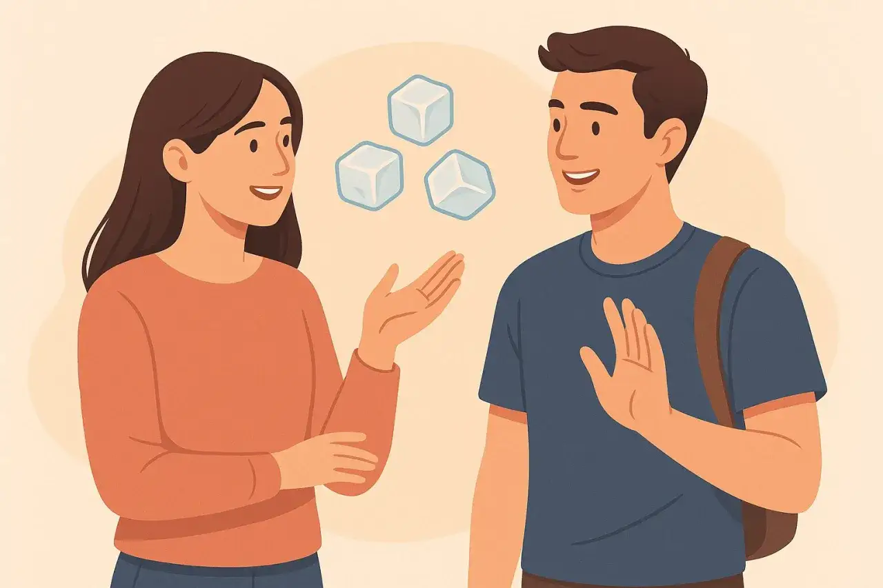 Para przełamuje lody, zadając sobie pytania do poznania się. Trzy kostki lodu unoszą się między nimi.