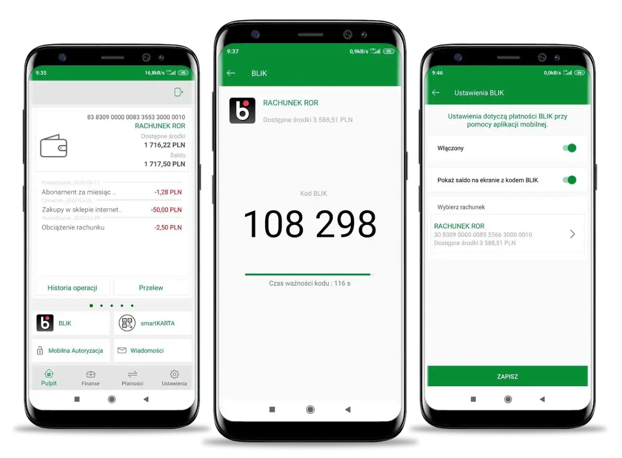 Trzy ekrany smartfonów pokazujące aplikację bankową z kodem BLIK i ustawieniami.