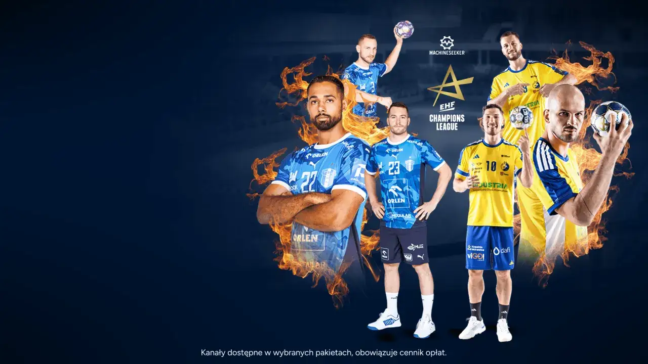 Pięciu zawodników piłki ręcznej w niebieskich i żółtych strojach, z płomieniami i logiem Ligi Mistrzów EHF.