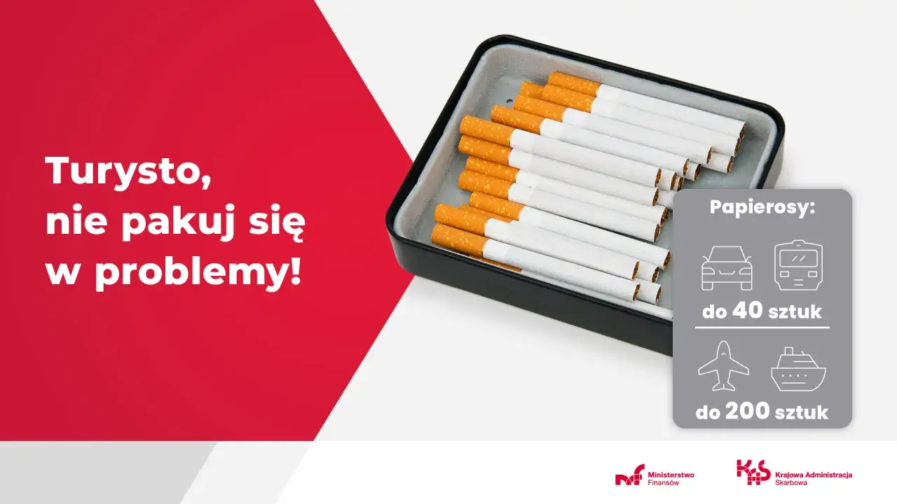 Popielniczka z papierosami i grafika z limitami ilości papierosów do przewozu.