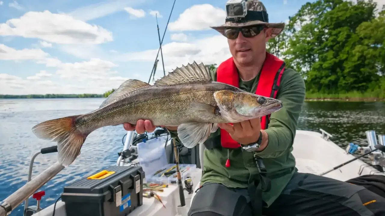 Wędkarz z sandaczem na łodzi. Zapach kryl na jakie ryby? Ten okaz lubi takie przynęty.