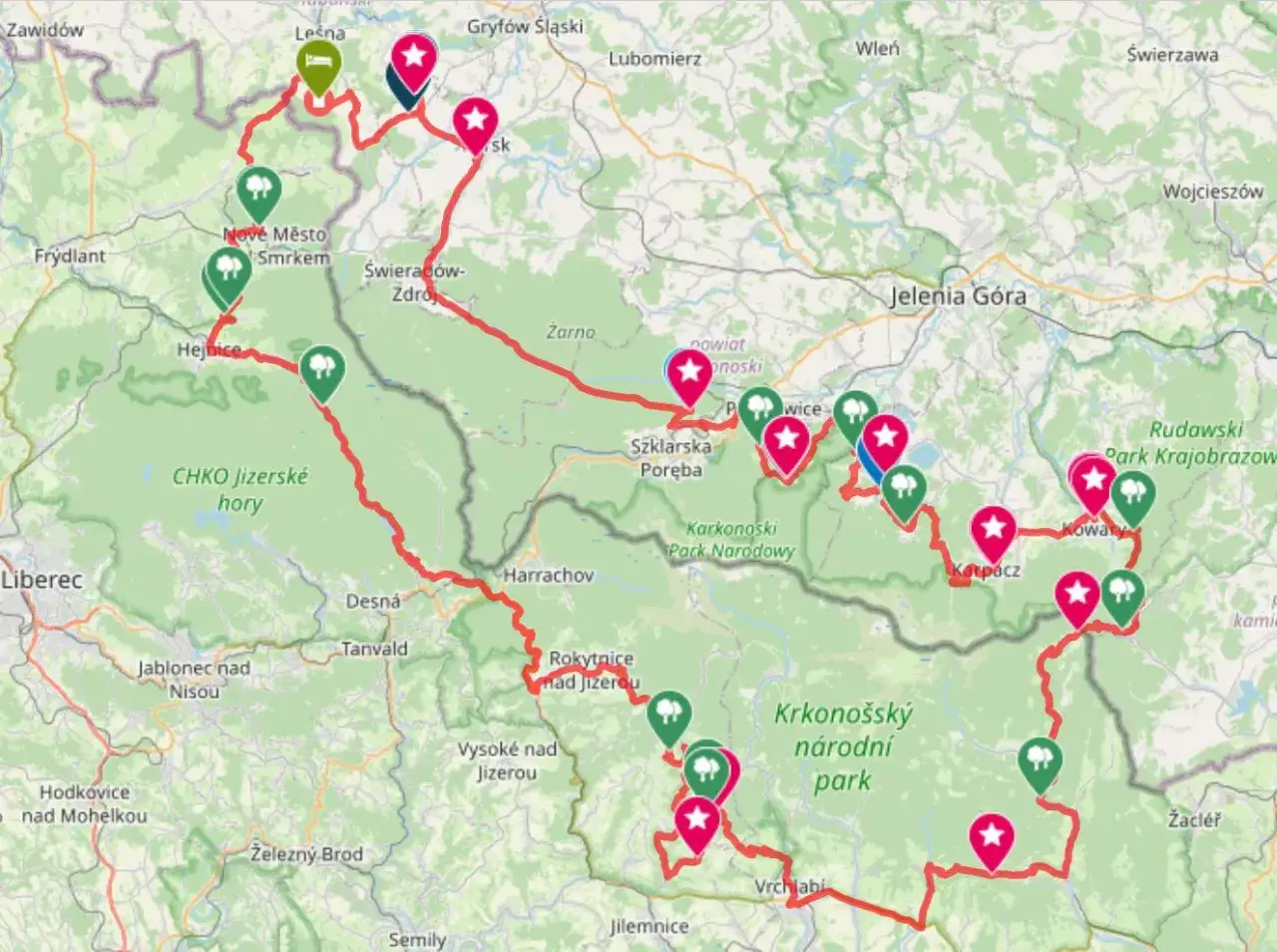 Mapa z zaznaczonymi trasami motocyklowymi i punktami widokowymi w Karkonoszach i Górach Izerskich.