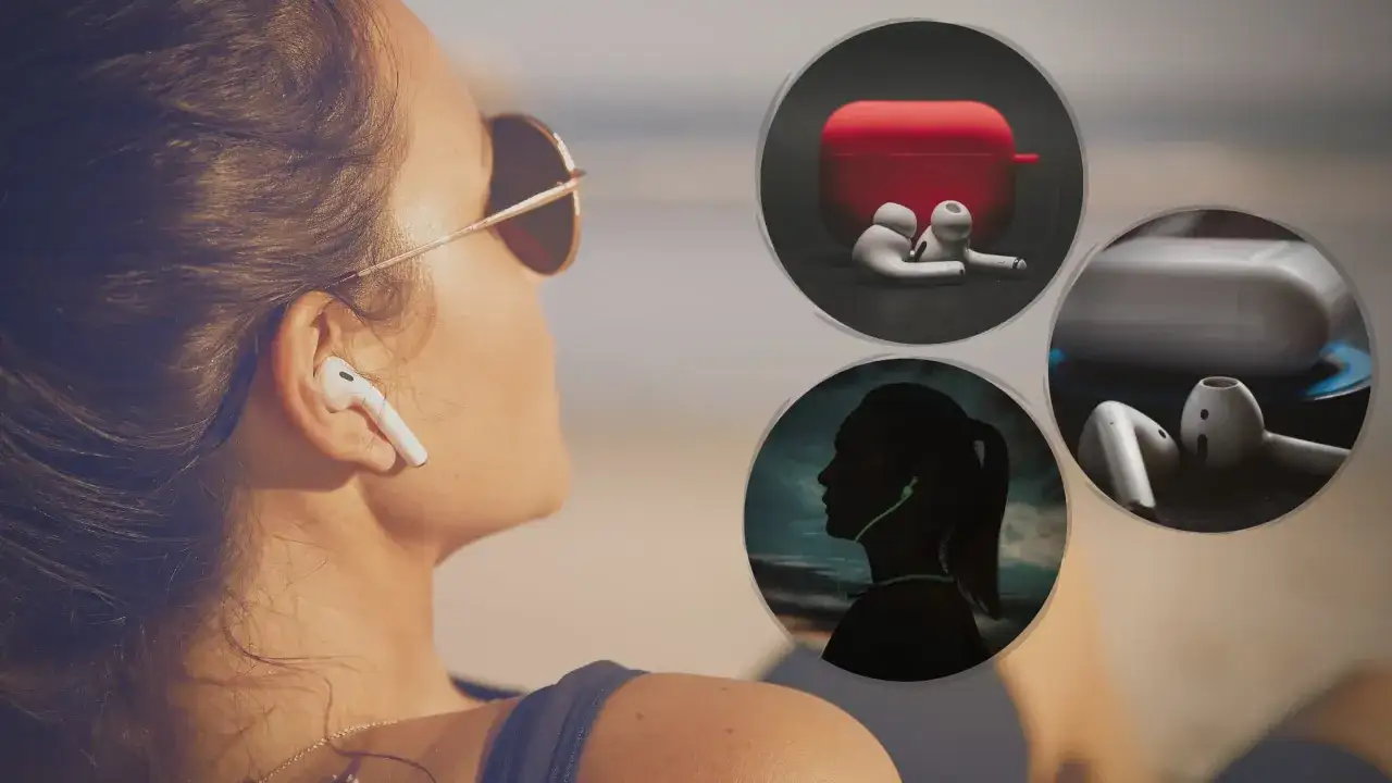 Kobieta z AirPods w uchu, obok okręgi z etui i słuchawkami.