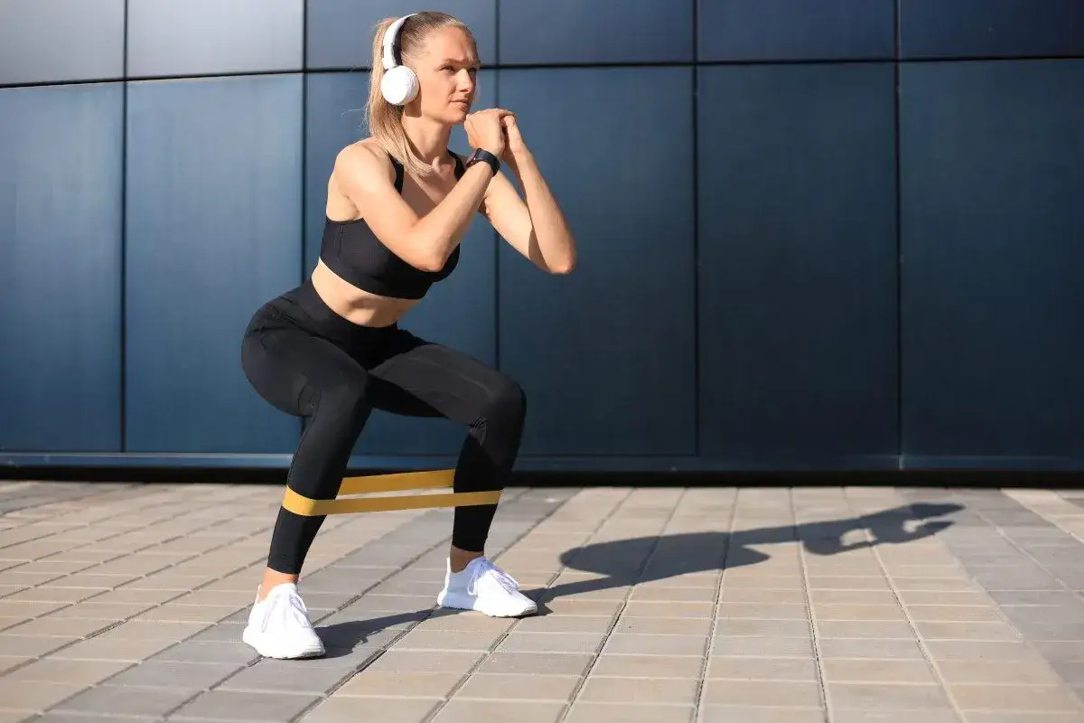Kobieta w słuchawkach wykonuje przysiady z gumą oporową. Czy 10 minutowe treningi dają efekty? Tak, regularność jest kluczem!