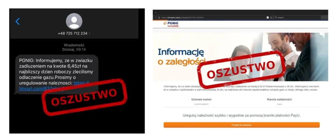 Zrzut ekranu z wiadomością SMS i stroną internetową z napisem "OSZUSTWO".