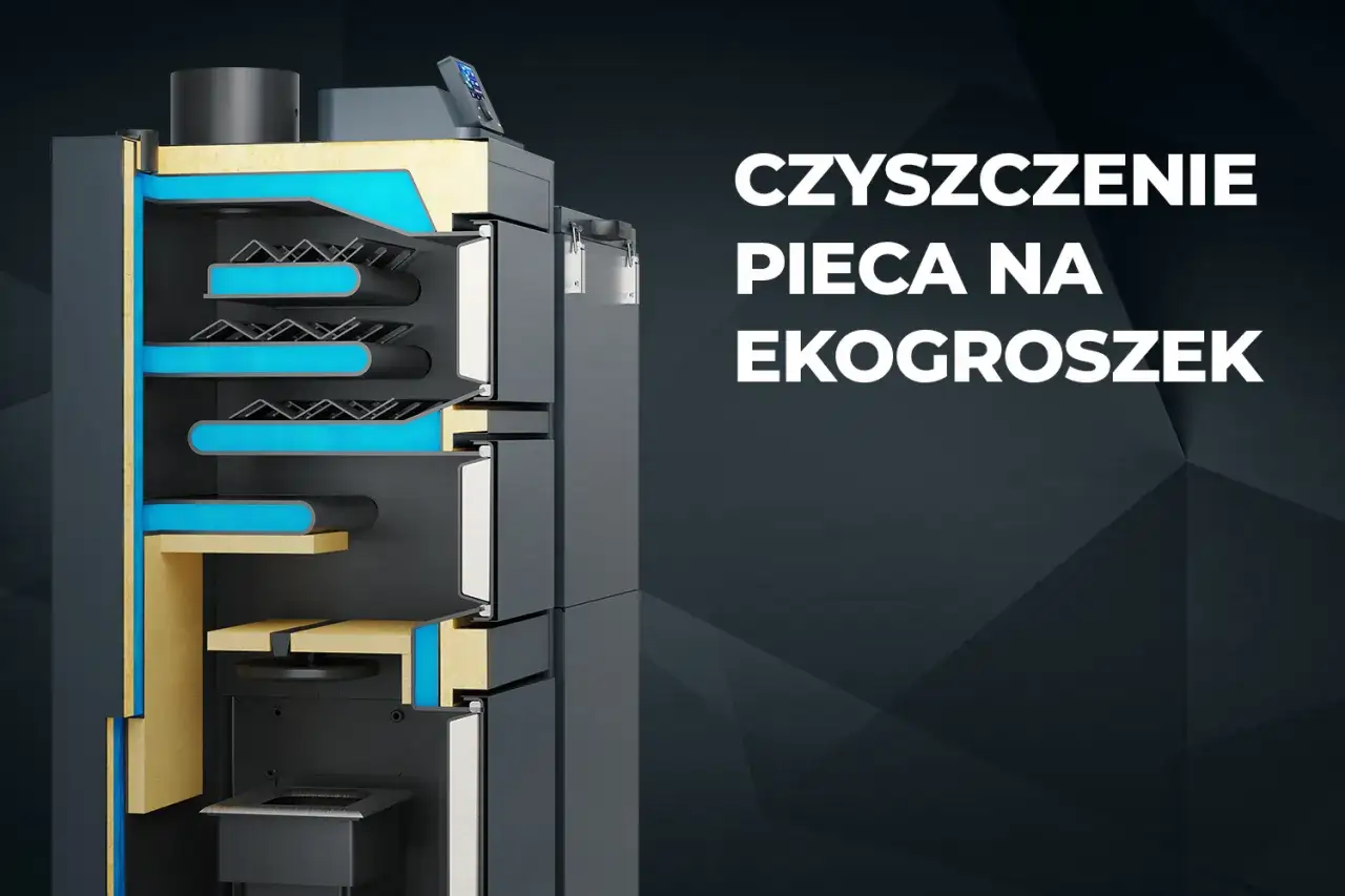 Przekrój kotła na ekogroszek z widocznym ślimakiem i elementami grzewczymi.