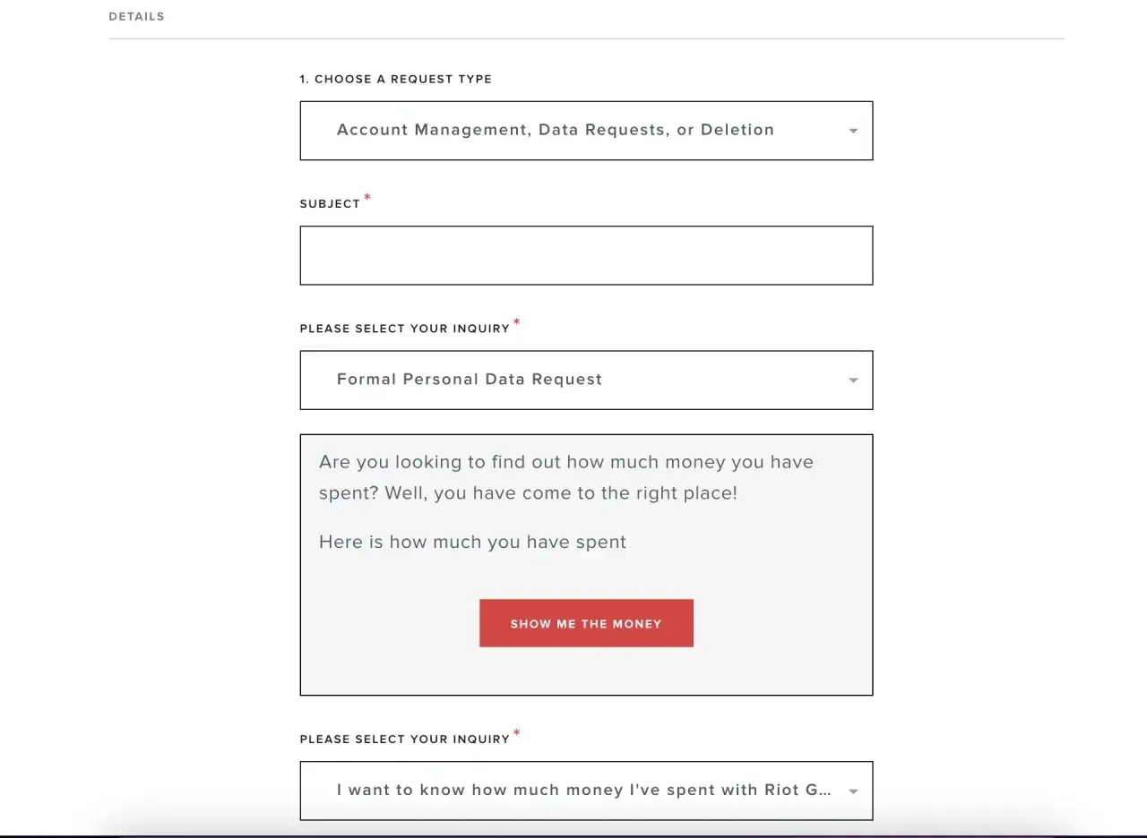 Formularz z opcjami wyboru typu zgłoszenia, pola na temat i zapytanie, z przyciskiem "SHOW ME THE MONEY".