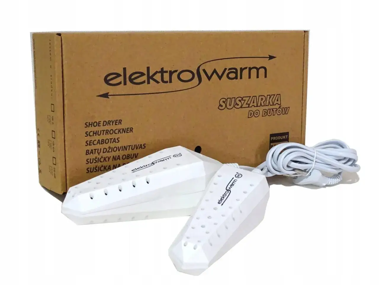 Biała suszarka do butów narciarskich ElektroWarm z kablem, gotowa do użycia po całym dniu na stoku.