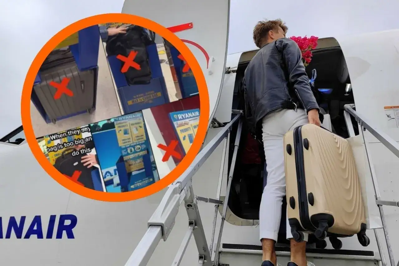 Mężczyzna z walizką wchodzi po schodach do samolotu Ryanair. W kółku zdjęcia bagażu z czerwonymi krzyżykami.